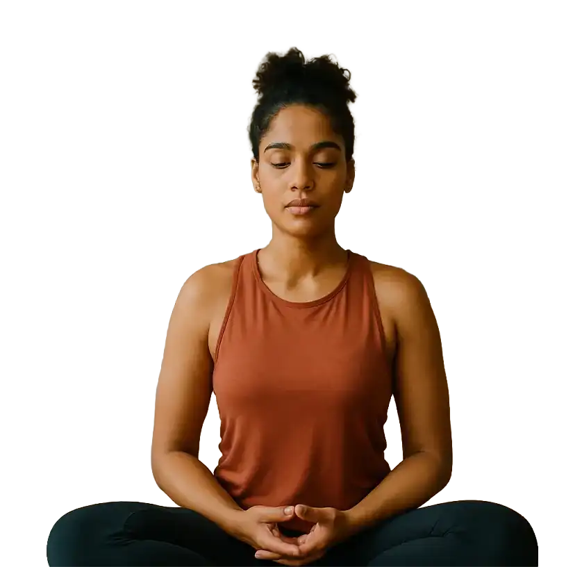 A high-achieving woman pauses in stillness, reconnecting with her breath in a peaceful studio—representing emotional healing, nervous system regulation, and the journey from overwhelm to clarity and confidence.